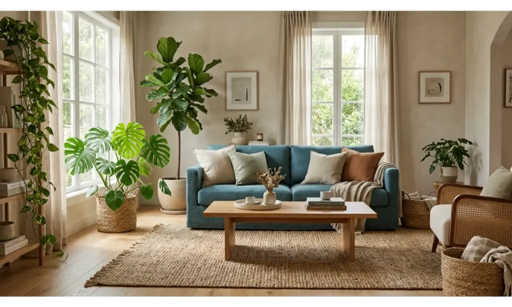 Blue Couch with Green Plants and Natural Textures
