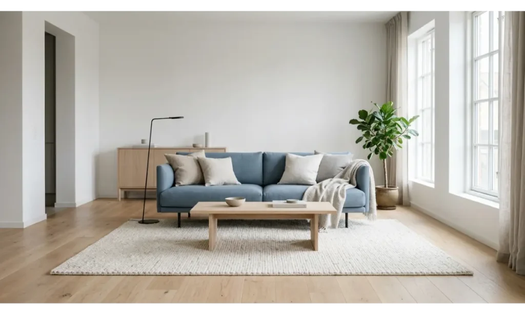 Blue Couch with Minimalist Scandinavian Decor