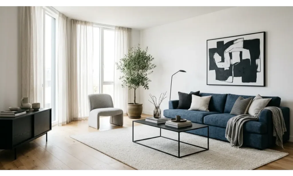 Blue Couch with Modern Black and White Decor