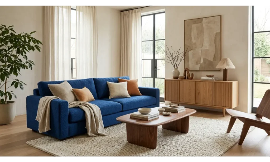 Blue Couch with Natural Wood Furniture