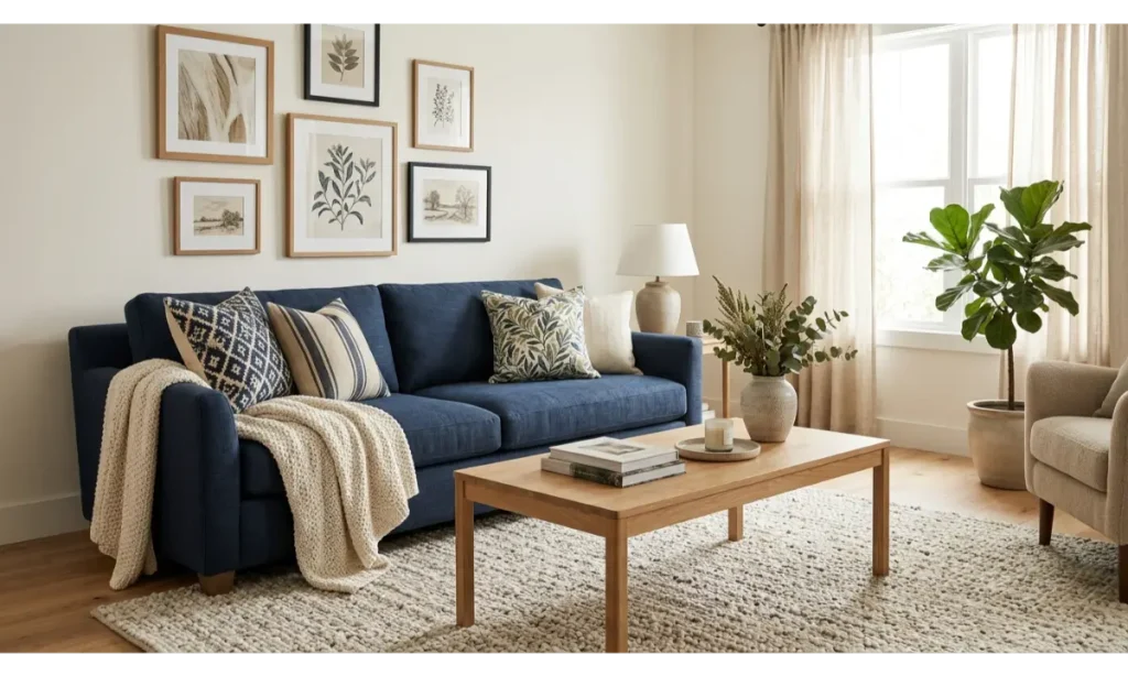 Blue Couch with Patterned Throw Pillows