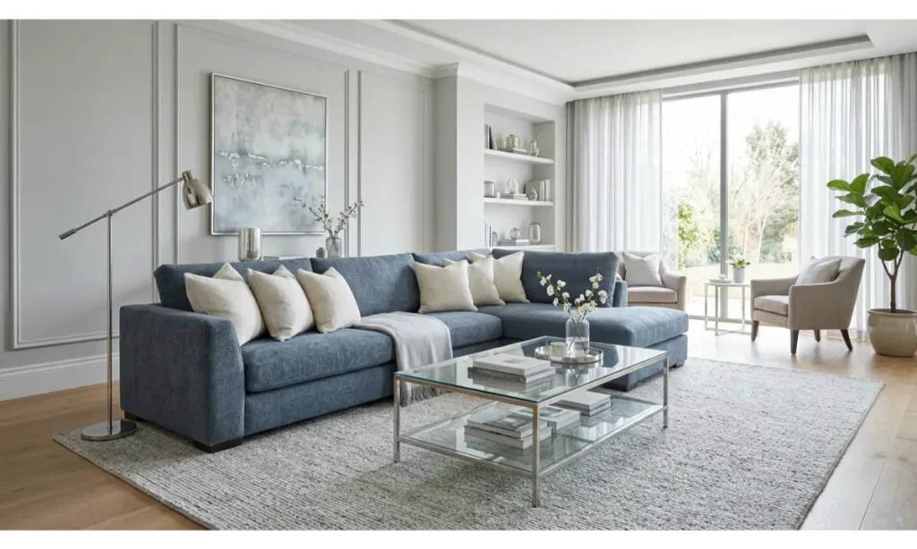 Blue Couch with Soft Gray and Silver Details