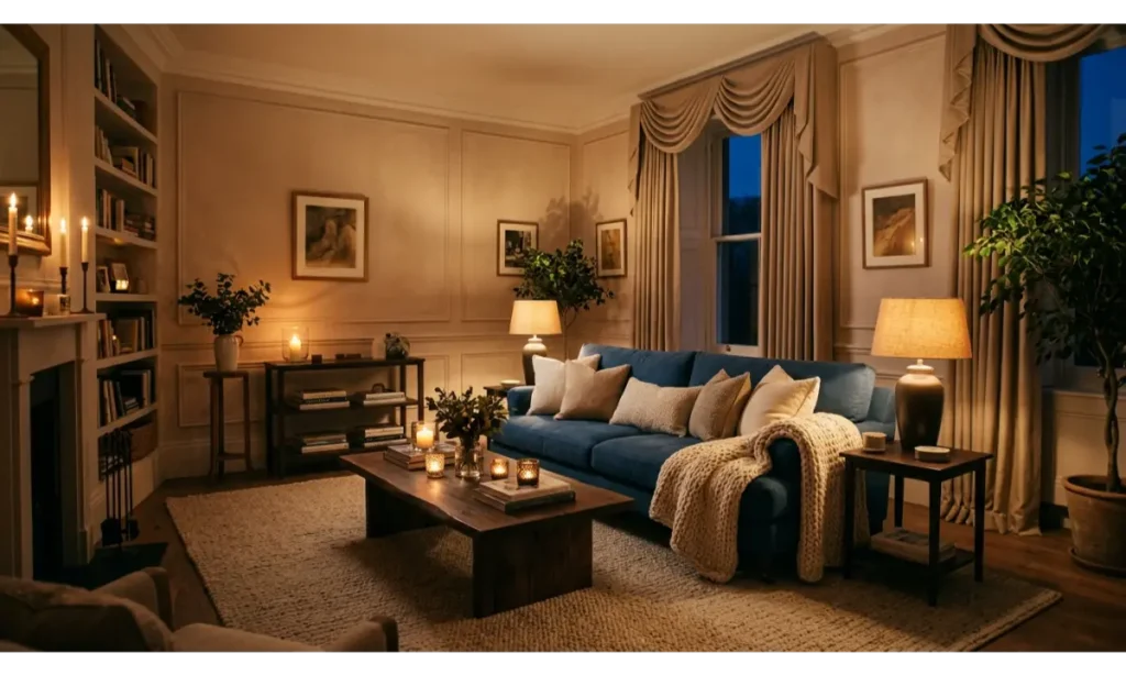 Blue Couch with Warm Lighting and Cozy Accessories