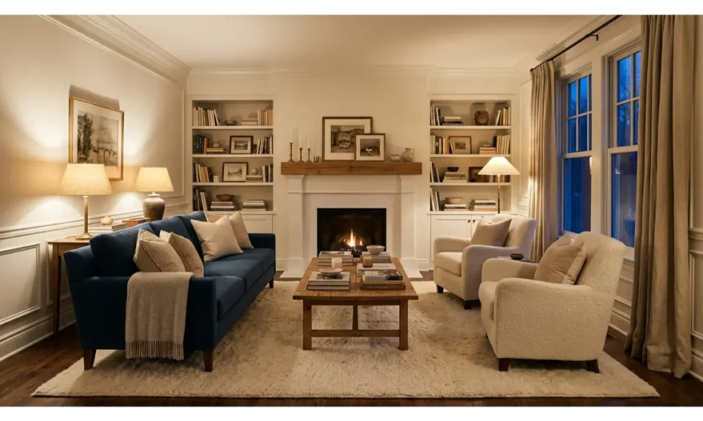 Blue Couch with a Cozy Fireplace