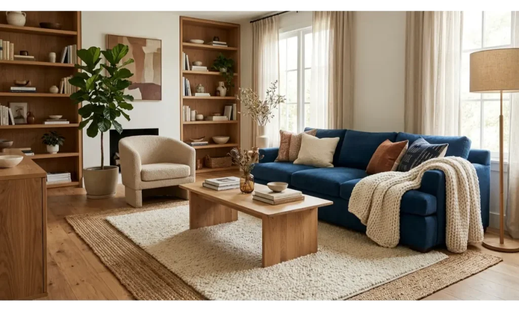 Blue Couch with a Cozy Layered Rug
