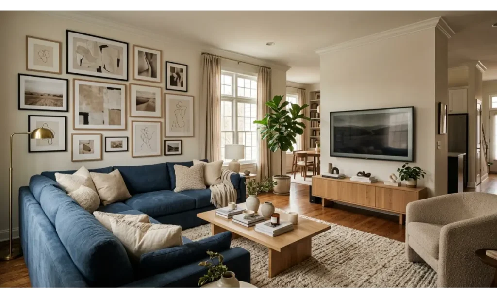 Blue Couch with a Gallery Wall