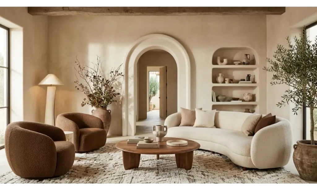 Brown And Cream Living Room Ideas With Arched Details