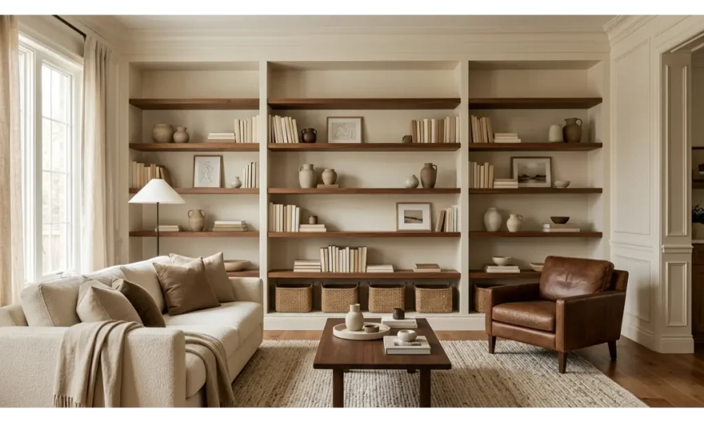 Brown And Cream Living Room Ideas With Built In Shelves