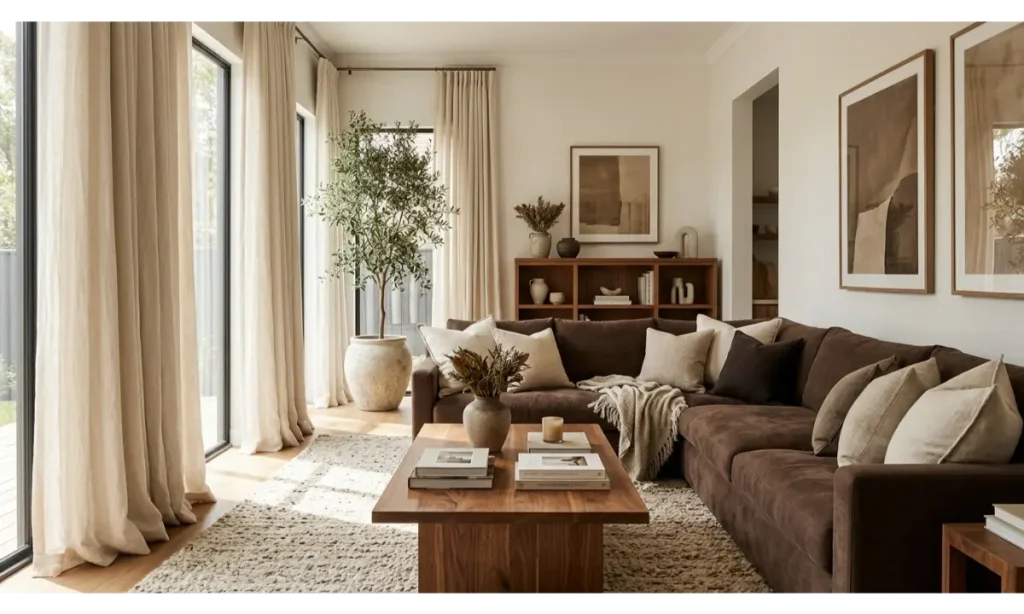 Brown And Cream Living Room Ideas With Floor To Ceiling Curtains