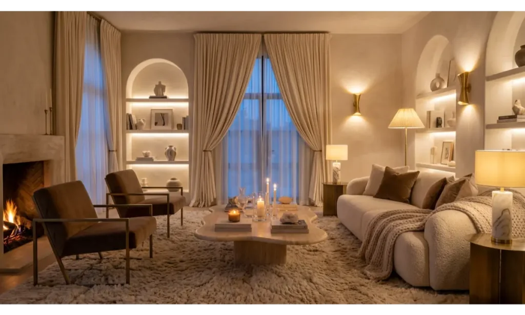 Brown And Cream Living Room Ideas With Layered Lighting