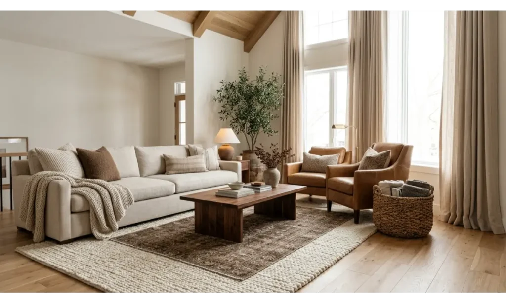 Brown And Cream Living Room Ideas With Layered Rugs
