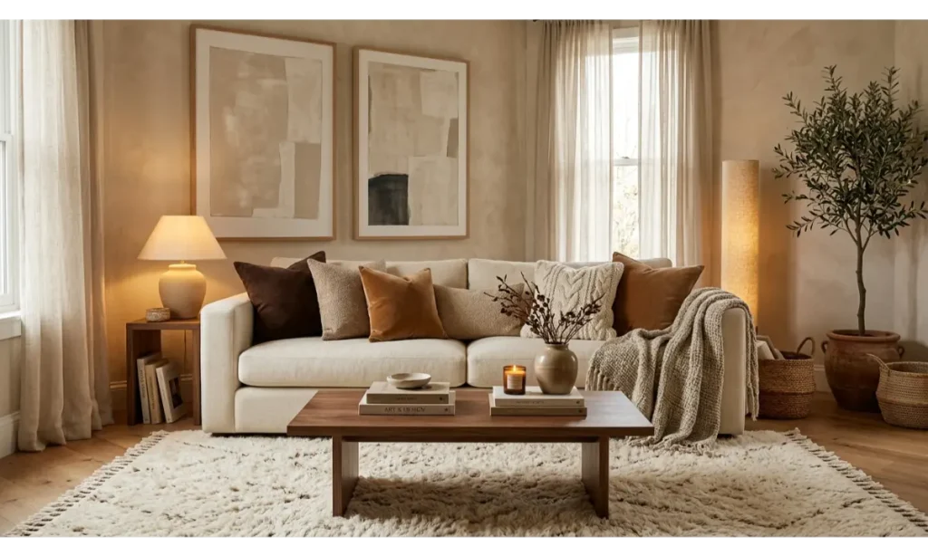 Brown And Cream Living Room Ideas With Textured Cushions
