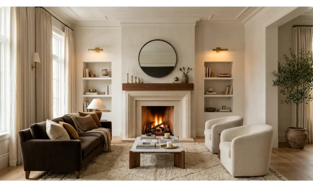 Brown And Cream Living Room Ideas With a Fireplace