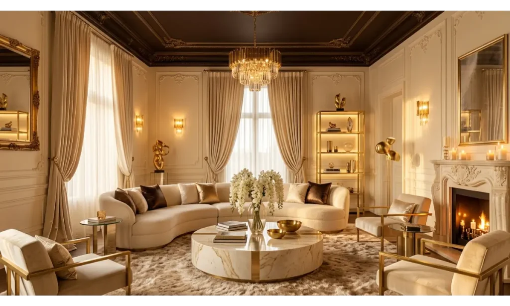Brown And Cream Living Room Ideas With a Moody Ceiling