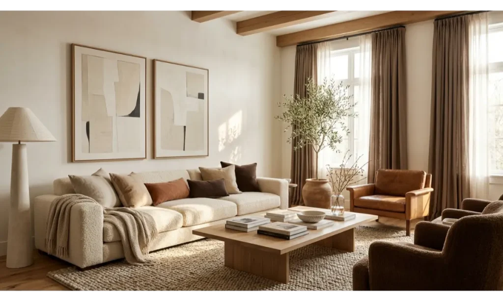Brown And Cream Living Room Ideas With a Soft Neutral Sofa