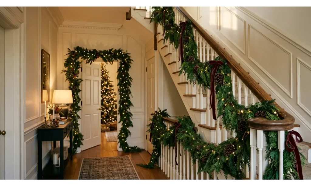 Christmas Hallway Decoration Ideas with Lush Evergreen Garlands