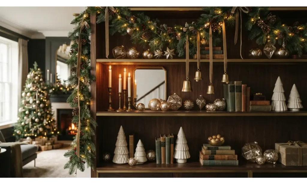 Christmas Shelf Decor Ideas with Brass and Gold