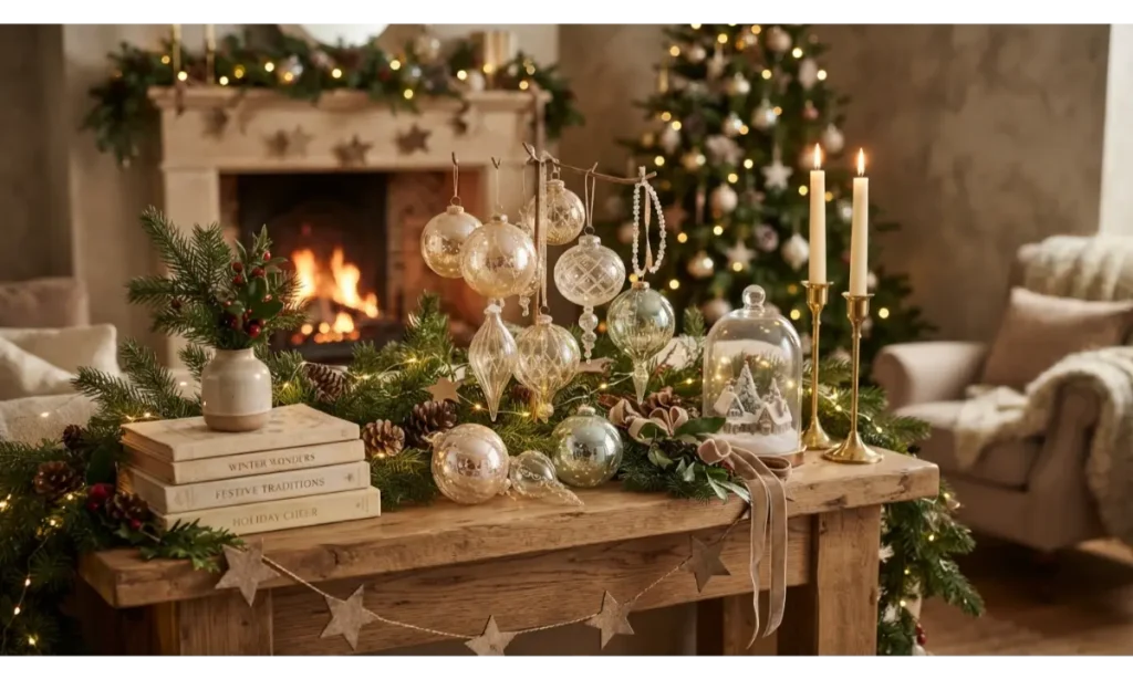 Christmas Shelf Decor Ideas with Glass Ornaments