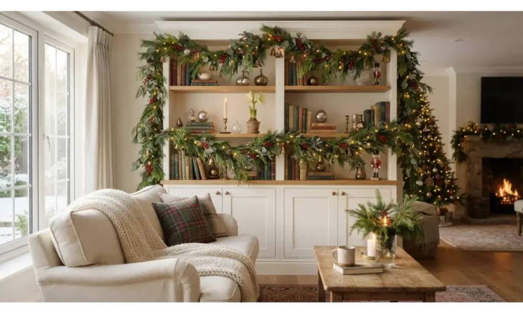 Christmas Shelf Decor Ideas with Lush Greenery