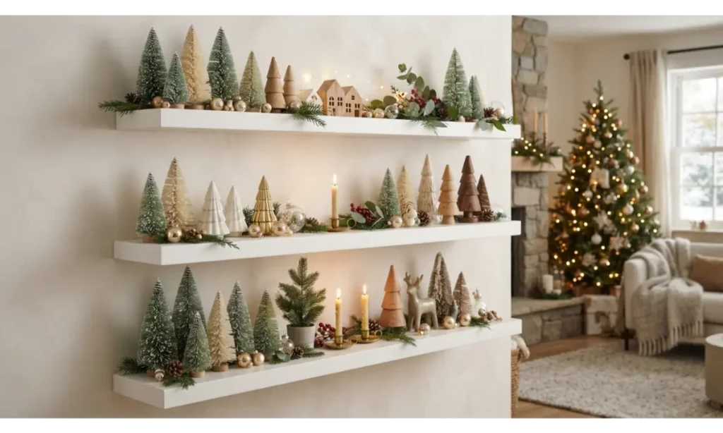 Christmas Shelf Decor Ideas with Mini Christmas Trees