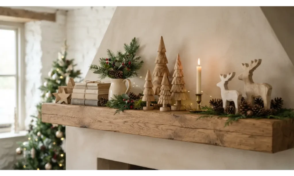 Christmas Shelf Decor Ideas with Natural Wood
