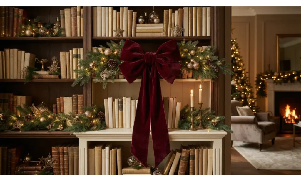 Christmas Shelf Decor Ideas with Oversized Bows