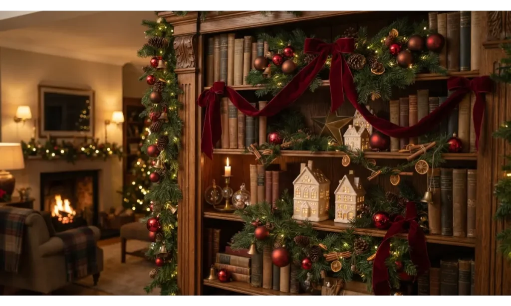 Christmas Shelf Decor Ideas with Red and Green Classics