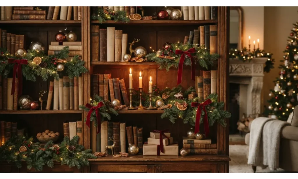 Christmas Shelf Decor Ideas with Vintage Books