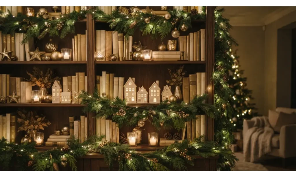 Christmas Shelf Decor Ideas with Warm Fairy Lights