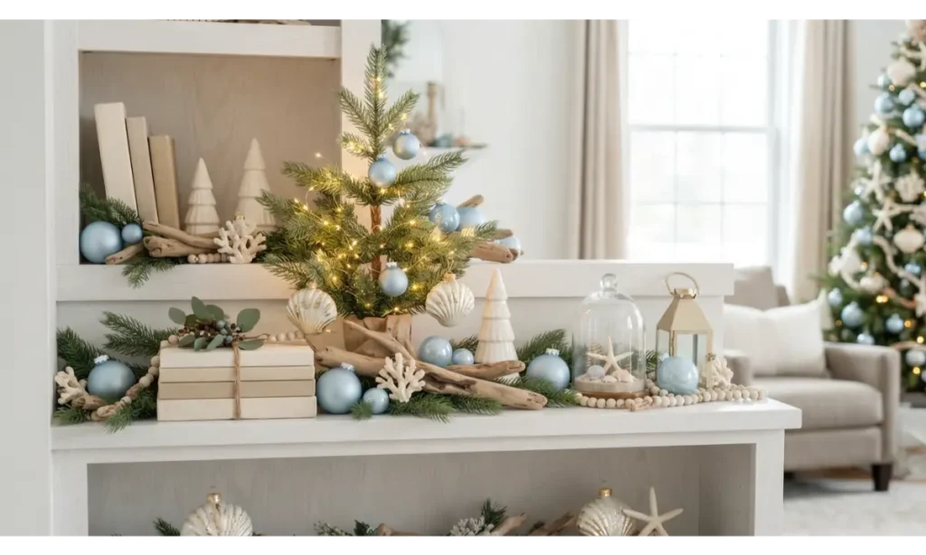 Christmas Shelf Decor Ideas with a Coastal Christmas Feel