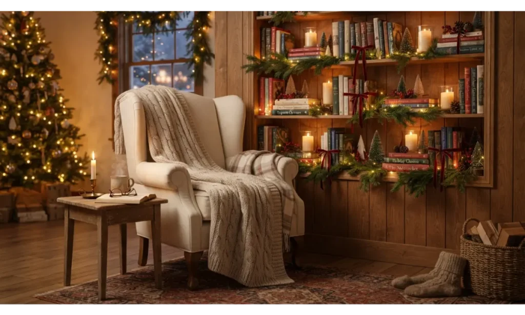 Christmas Shelf Decor Ideas with a Cozy Reading Nook