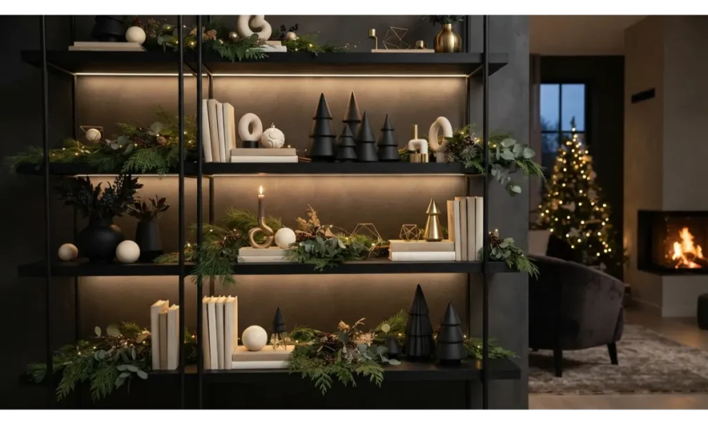 Christmas Shelf Decor Ideas with a Modern Black and Cream Palette