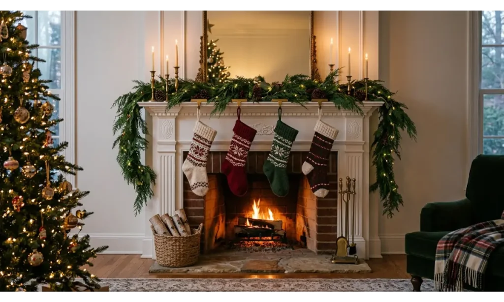 Christmas Stocking Display Ideas Above a Classic Fireplace