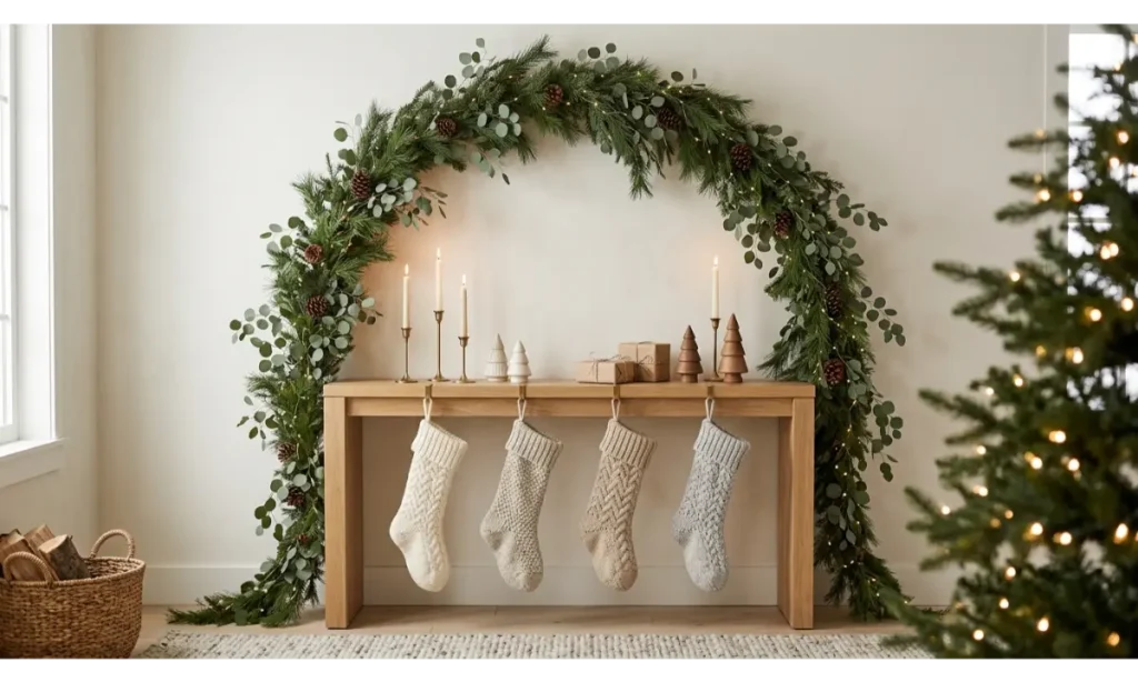 Christmas Stocking Display Ideas With a Greenery Arch