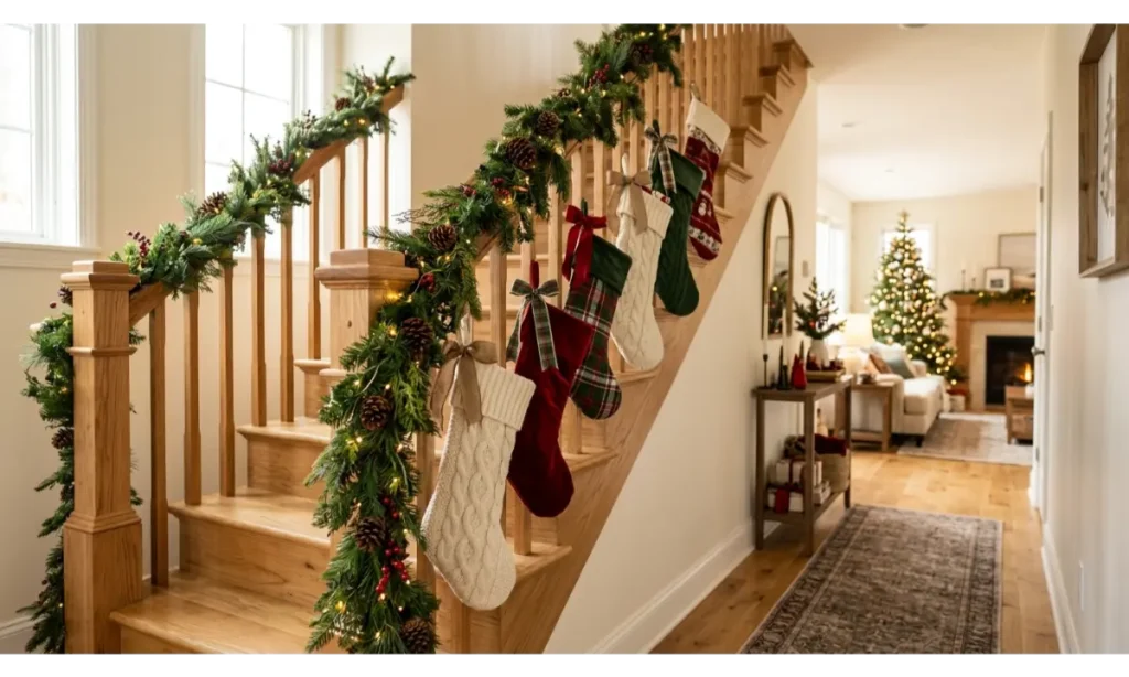 Christmas Stockings Along a Staircase Railing