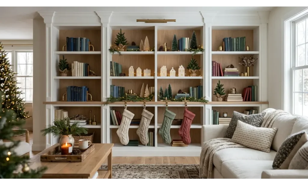 Christmas Stockings Displayed on a Built-In Bookcase