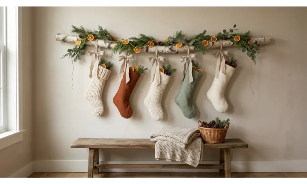 Christmas Stockings Hanging From a Decorative Branch