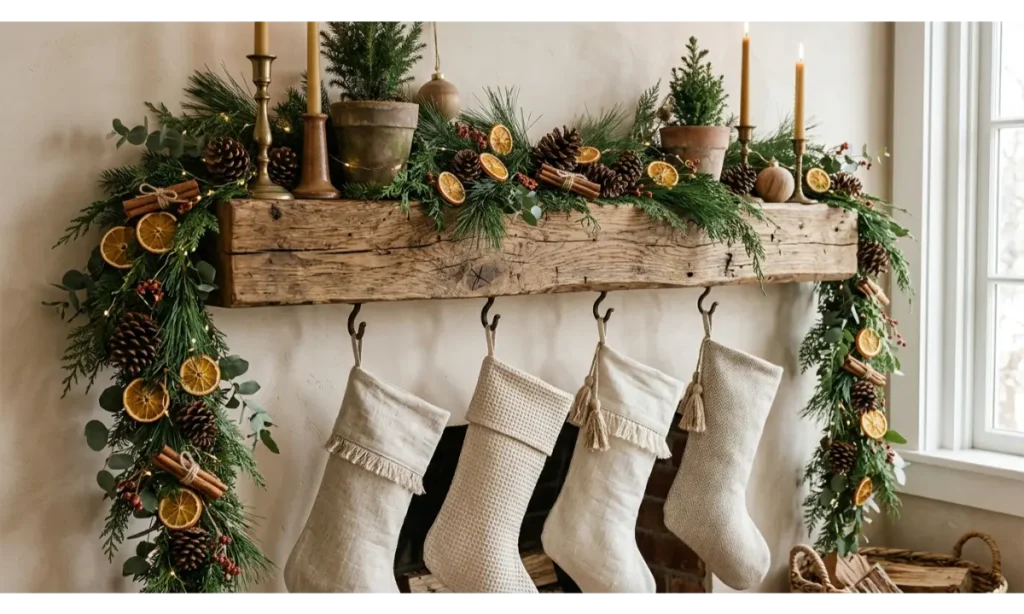 Christmas Stockings With Natural Pinecones and Dried Oranges