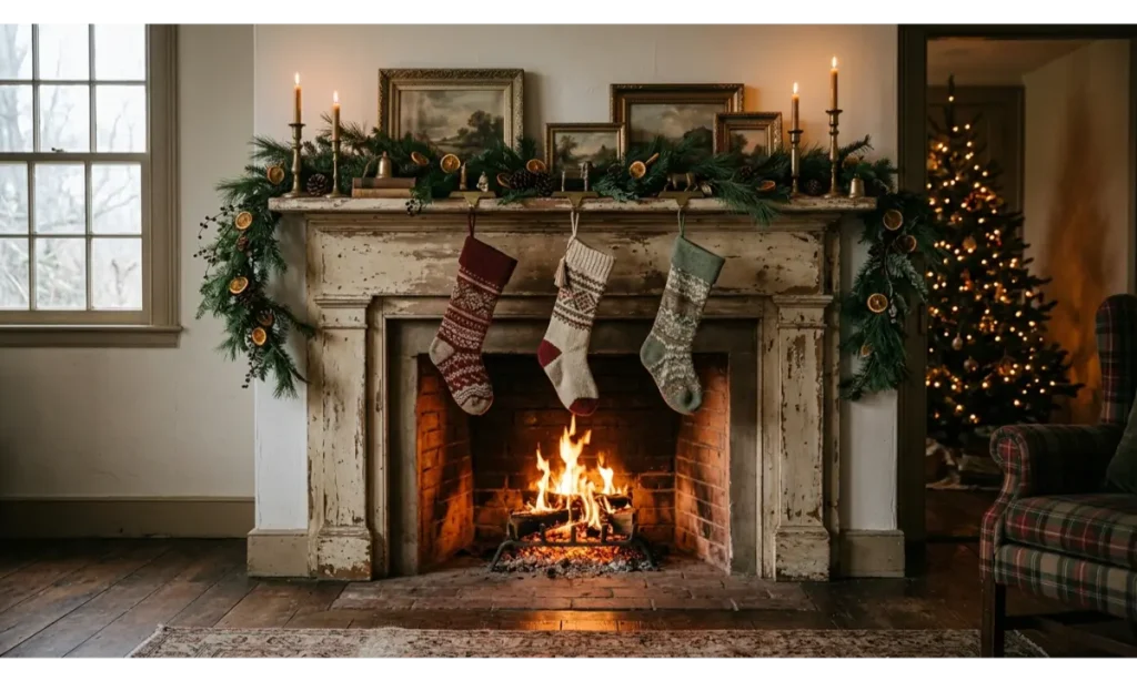 Christmas Stockings on a Vintage Wooden Mantel