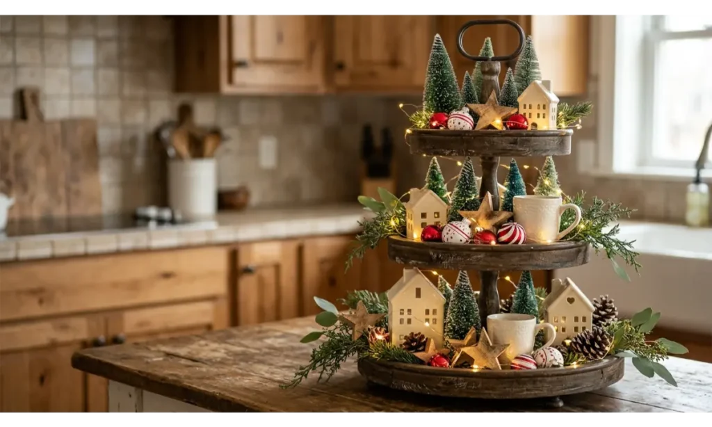 Christmas Tiered Tray Decor Ideas with Cozy Farmhouse Details