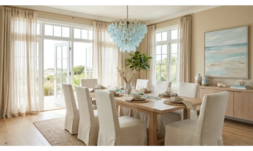 Coastal Chandelier With Soft Blue Accents