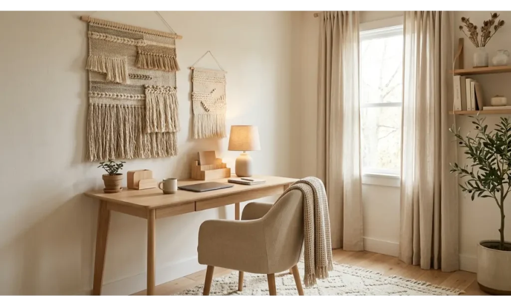 Cozy Home Office Wall Decor Ideas with Fabric Wall Art