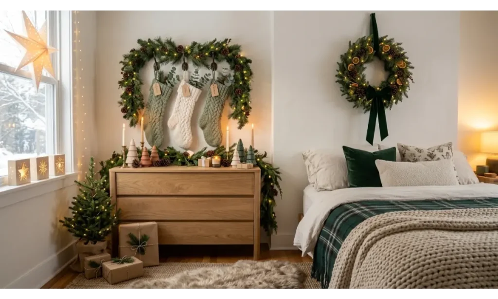 Cozy Knit Stockings Above a Bedroom Dresser