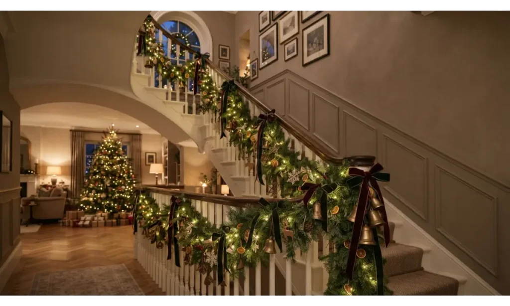 Decorate the Staircase With Evergreen Layers