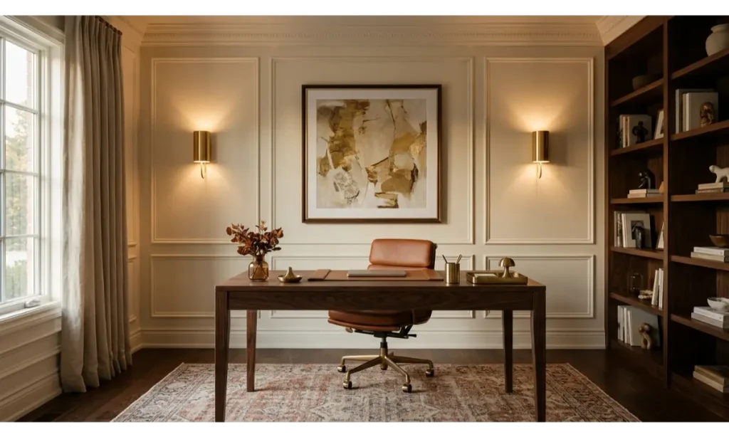 Elegant Home Office Wall Decor Ideas with Brass Wall Lights