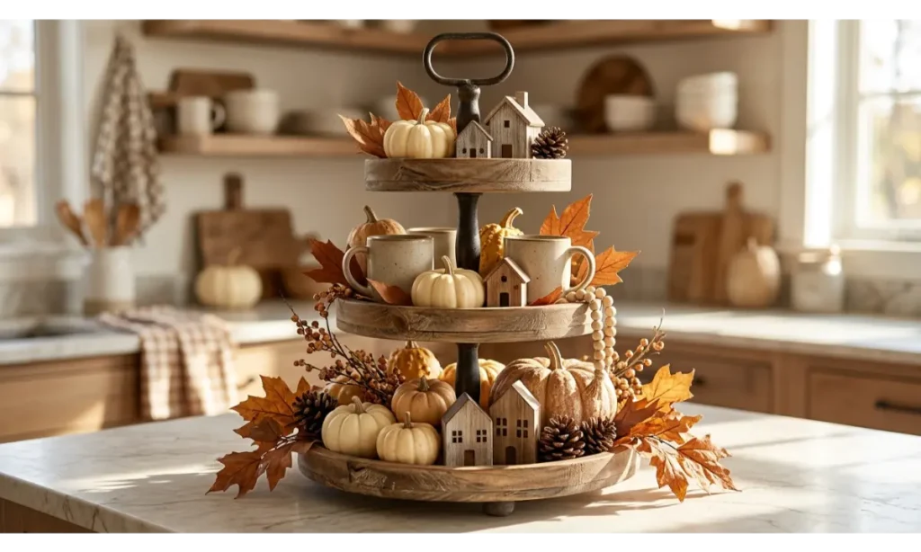 Fall Tiered Tray Decor Ideas with Pumpkins