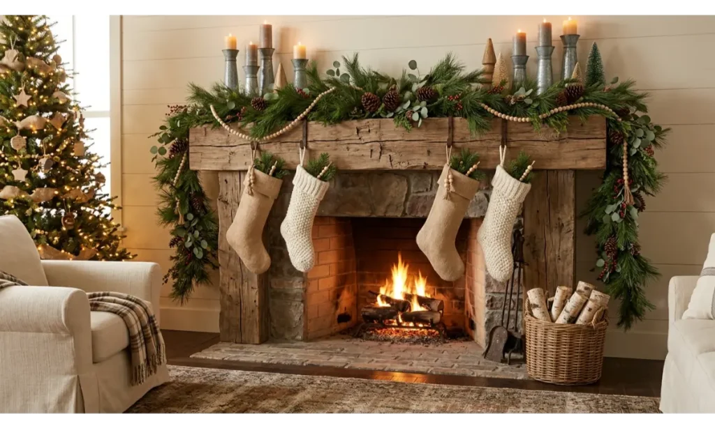 Farmhouse Christmas Stockings With Burlap and Greenery