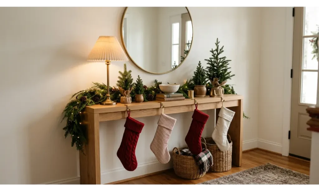 Festive Christmas Stockings on a Console Table