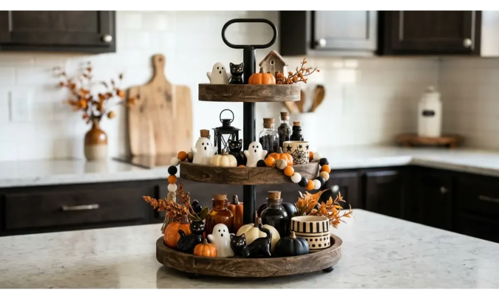 Halloween Tiered Tray Decor Ideas with Cute Spooky Details