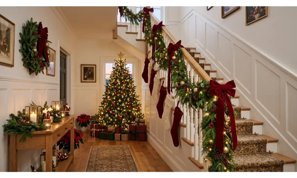 Hang Christmas Stockings Along a Hallway Staircase